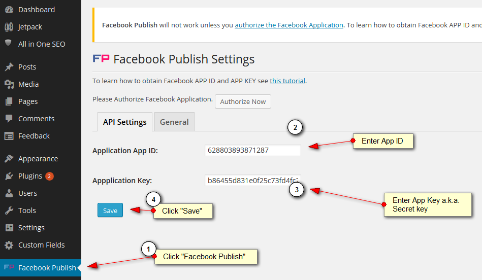 Facebook Publish Wordpress Plugin step 1