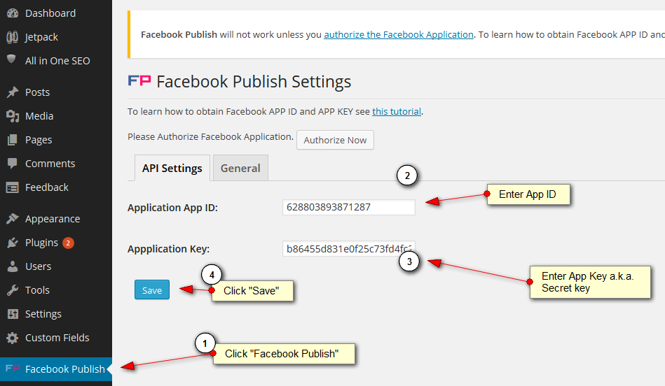 Facebook Publish WordPress Plugin step 1